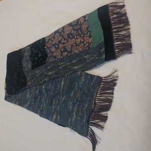 Silk scarf, patchwork velvet, fringed, blue/burgandy, 60".